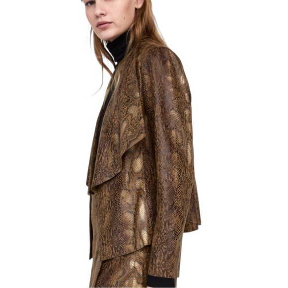 Zara Brown Snake Print Faux Suede Blazer Jacket Open Waterfall Collar Small - Picture 3 of 16